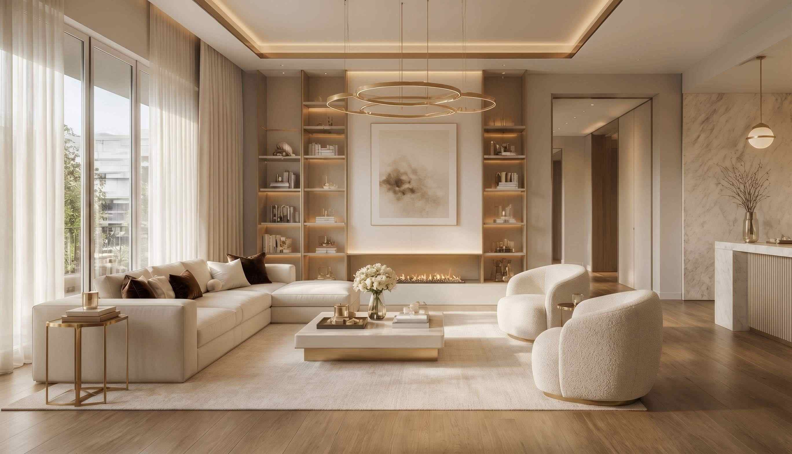 Luxury living room with wooden flooring and warm neutral finishes